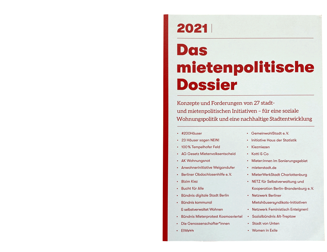 Poster for the exhibition “The rental policy dossier, Concepts and demands of 27 urban and rental policy initiatives - for a social housing policy and sustainable urban development
